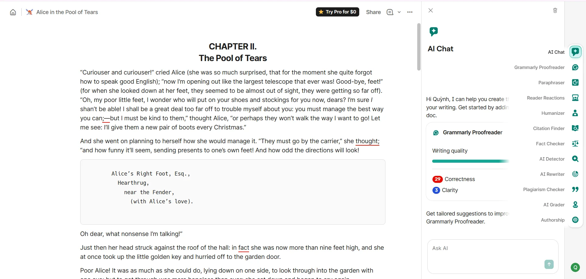 Grammarly suggestions panel