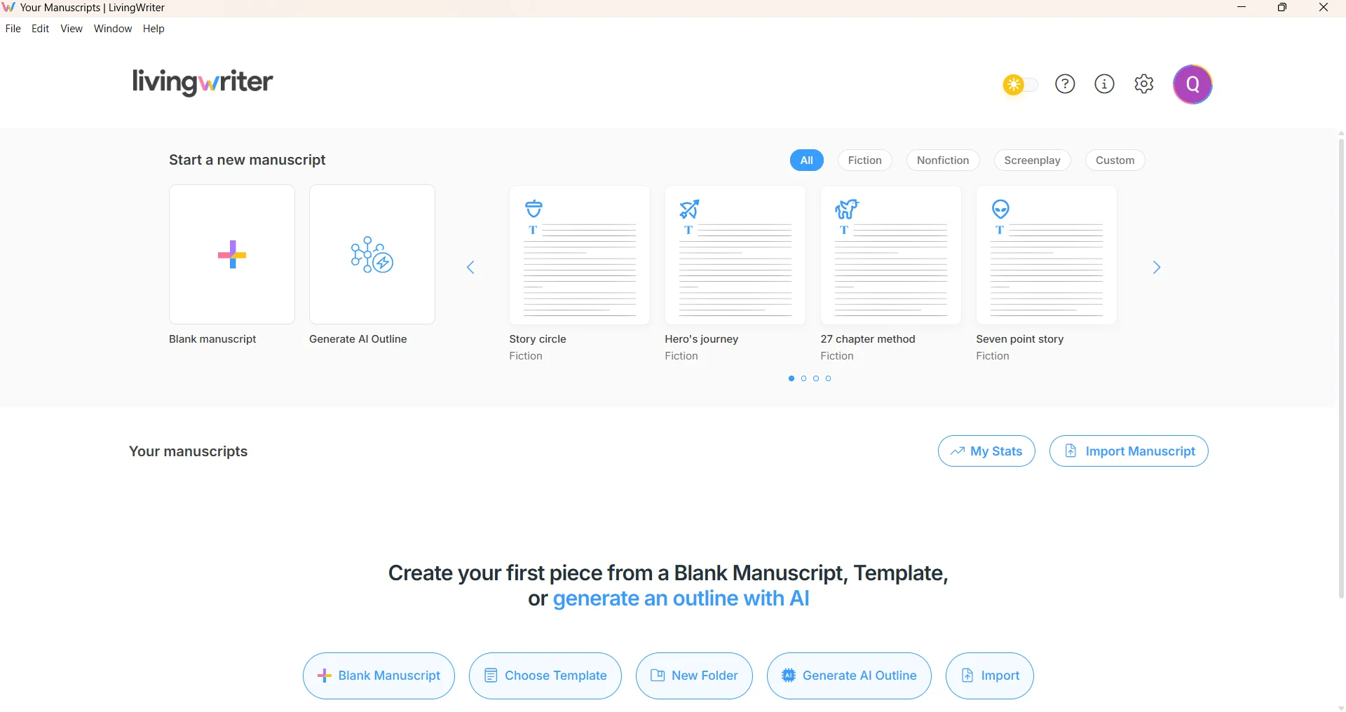 LivingWriter writing interface with templates