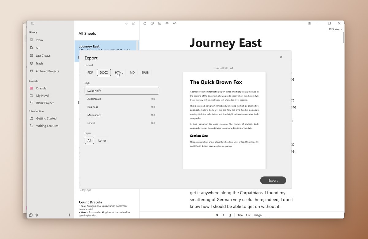 QuillSpace export dialog with PDF, DOCX, HTML, Markdown and EPUB formats