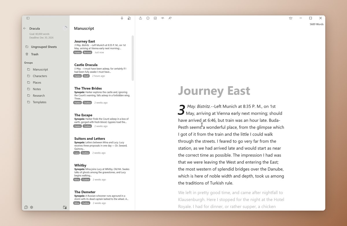 Focus mode in QuillSpace with a drop cap, dimming everything except the current paragraph