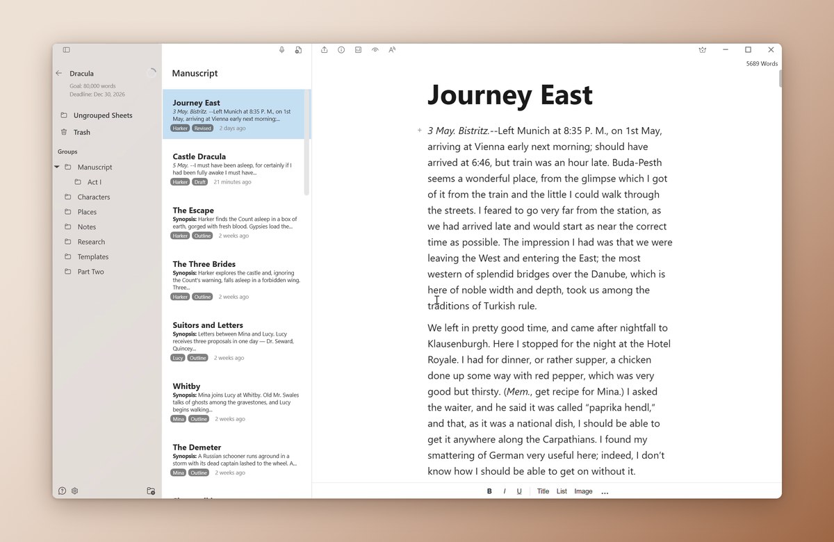 QuillSpace three-pane workspace: groups and sub-groups, chapter cards with tags, and the editor