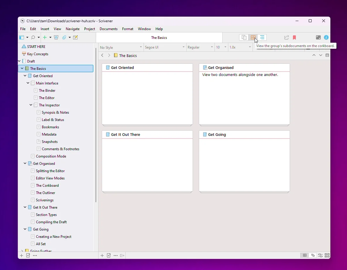 Scrivener Corkboard view with virtual index cards